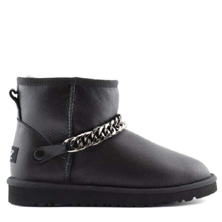 Жіночі UGG Міні Чорні Шкіряні з Цепкою Mini Chain Black Leather