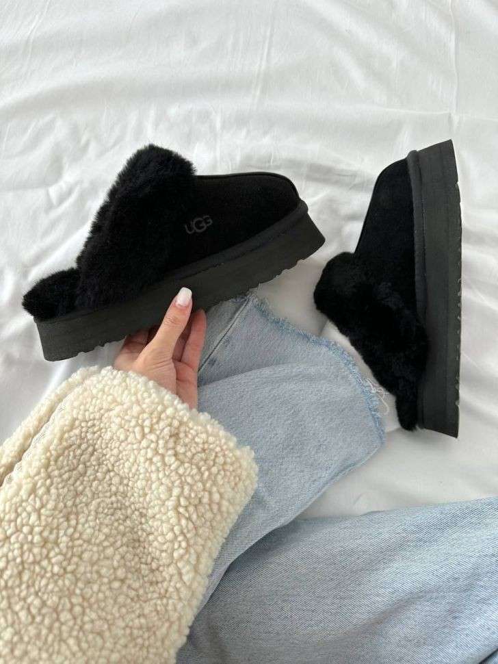 Жіночі UGG Шьопанці Платформа Чорні Замша Disquette Black Platform Slippers — фото 7