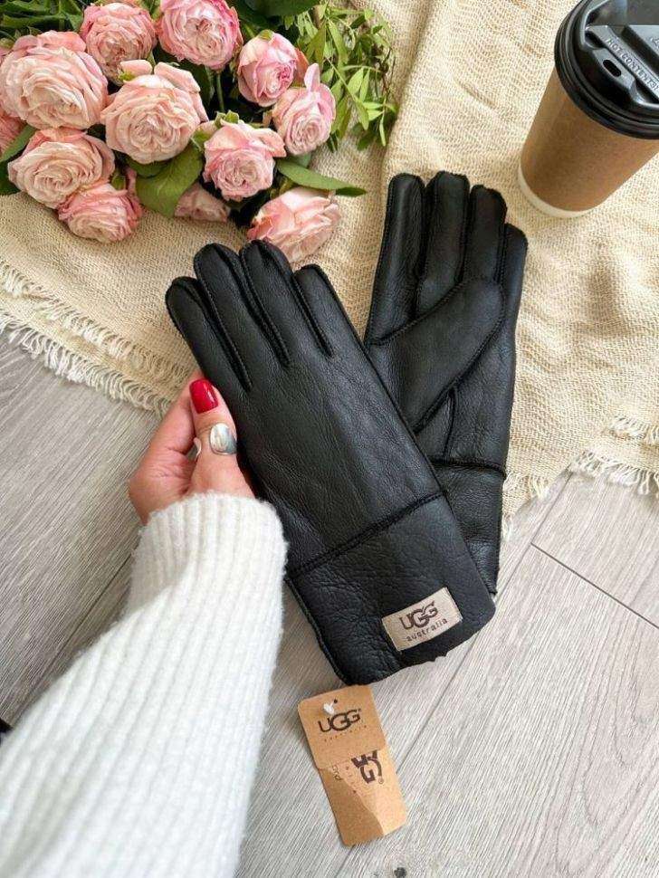 Жіночі UGG Рукавички Чорні Шкіряні Натуральні Gloves Black Leather