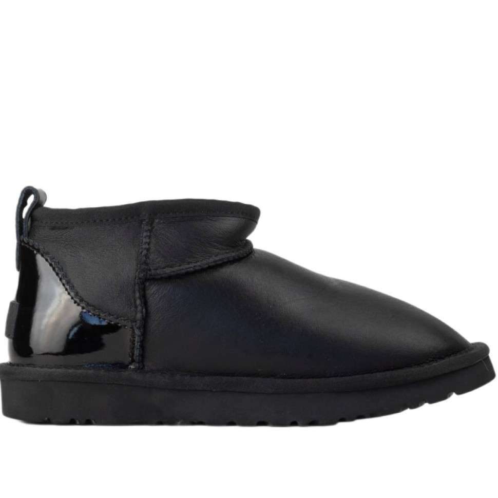 Жіночі UGG Ультра Міні Шкіра Чорні з Лак П'яткою Ultra Mini Black Leather