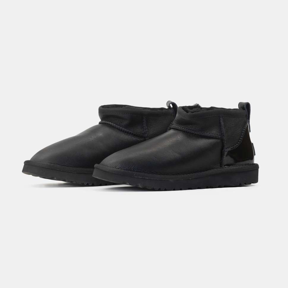 Жіночі UGG Ультра Міні Шкіра Чорні з Лак П'яткою Ultra Mini Black Leather — фото 2