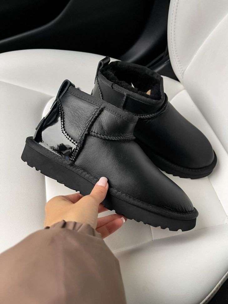 Жіночі UGG Ультра Міні Шкіра Чорні з Лак П'яткою Ultra Mini Black Leather — фото 13