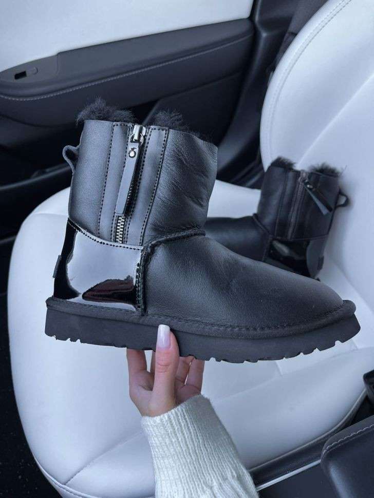 Жіночі UGG Міні Шкіра з Змікою та Лакова Пятка Mini Short ZIP Black Lacquer