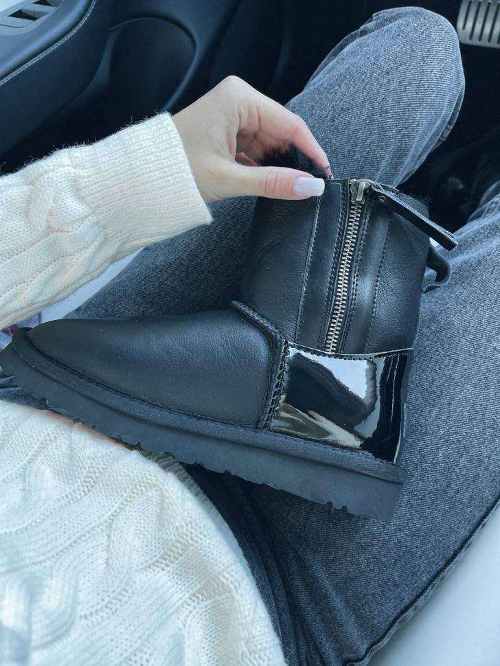 Жіночі UGG Міні Шкіра з Змікою та Лакова Пятка Mini Short ZIP Black Lacquer — фото 3