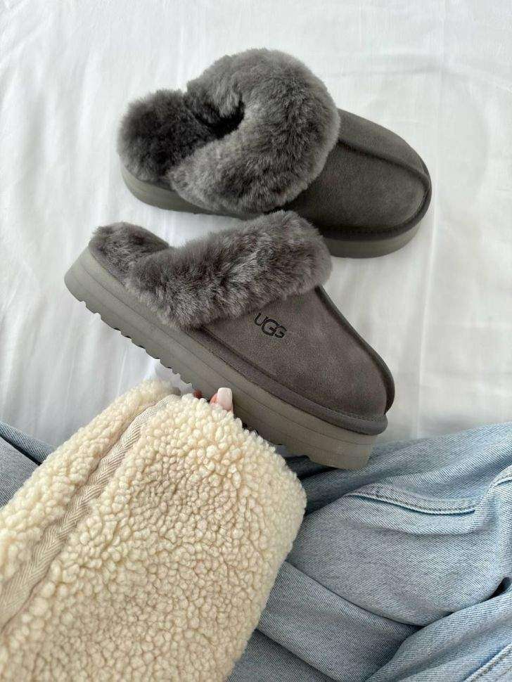 Жіночі UGG Шьопанці Платформа Сірі Замша Disquette Black Platform Slippers Charcoal — фото 7