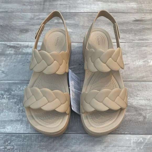 Жіночі Сандалі Crocs Brooklyn Woven Upper Low Wedge Beige — фото 12