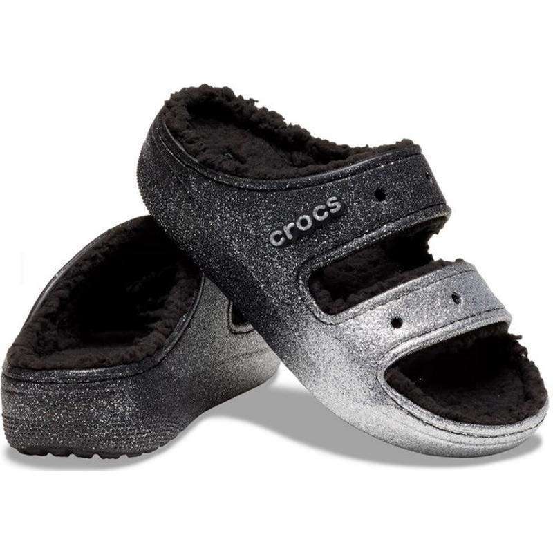 Жіночі Crocs утеплені Чорні Сріблясті Classic Cozzzy Glitter sandal Black/silver