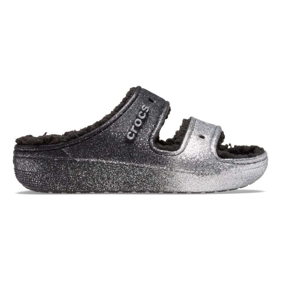 Жіночі Crocs утеплені Чорні Сріблясті Classic Cozzzy Glitter sandal Black/silver — фото 3