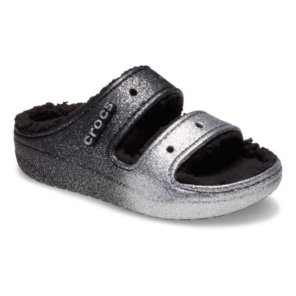 Жіночі Crocs утеплені Чорні Сріблясті Classic Cozzzy Glitter sandal Black/silver — фото 4
