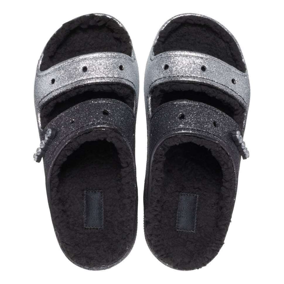 Жіночі Crocs утеплені Чорні Сріблясті Classic Cozzzy Glitter sandal Black/silver — фото 6