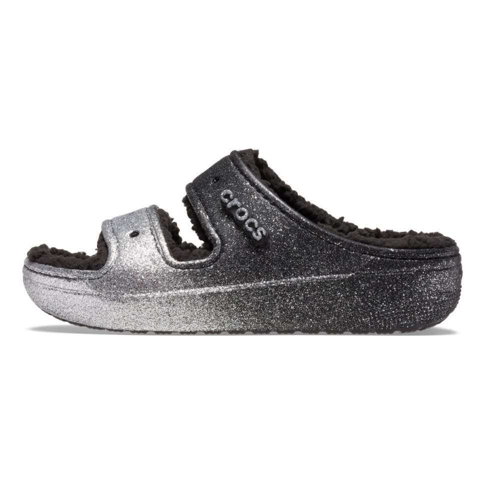 Жіночі Crocs утеплені Чорні Сріблясті Classic Cozzzy Glitter sandal Black/silver — фото 8