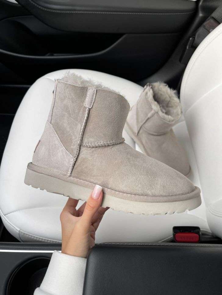 Жіночі UGG Міні Замш Світло Сірі Змійка та Лак Пьятка Mini Light Grey Suide Zipper