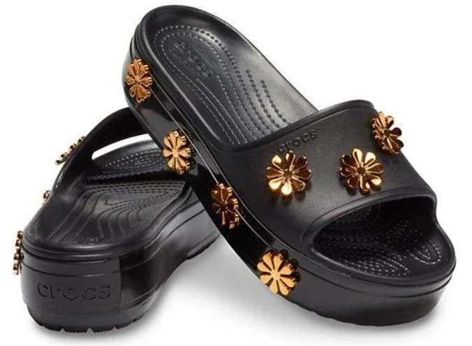 Жіночі шльопанці Crocs Women's Crocband Platform Metallic Blooms Slide Black — фото